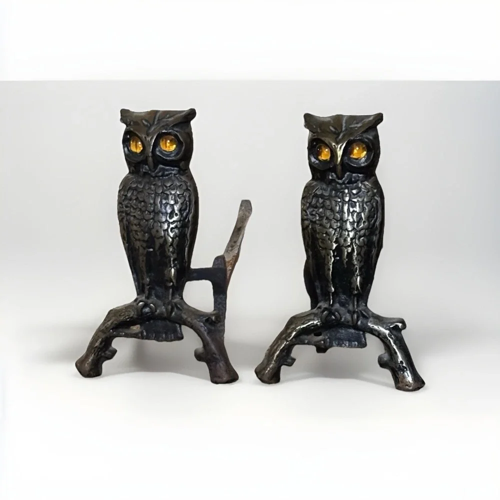 Antique Vintage Brass Owl Andirons Fireplace Amber Glass Eyes‎ 13